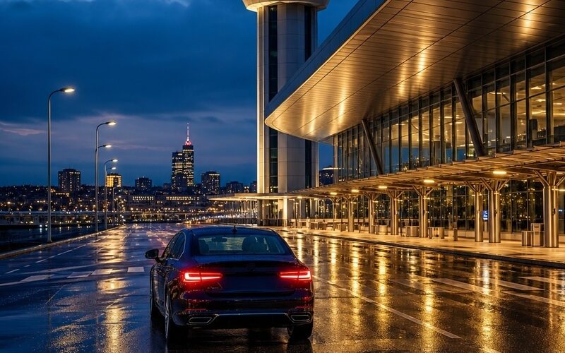 Vozilo napušta aerodromski terminal ka Beogradu u plavo-zlatnom sumraku