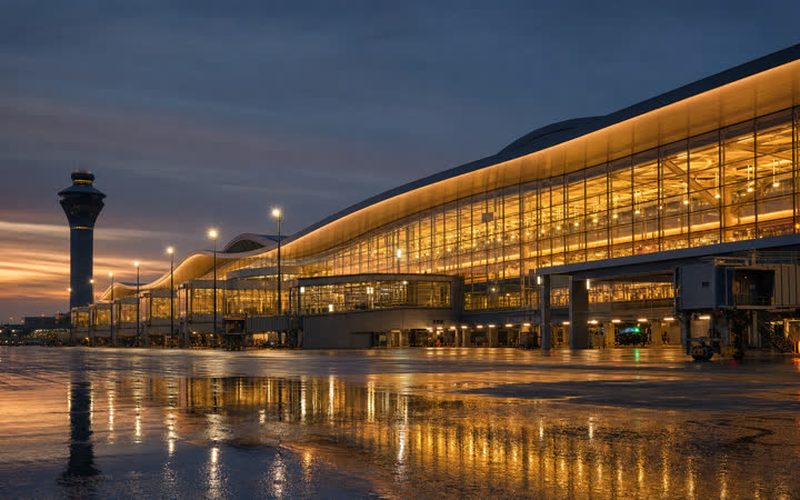 Moderan aerodromski terminal i kontrolna kula u sumrak